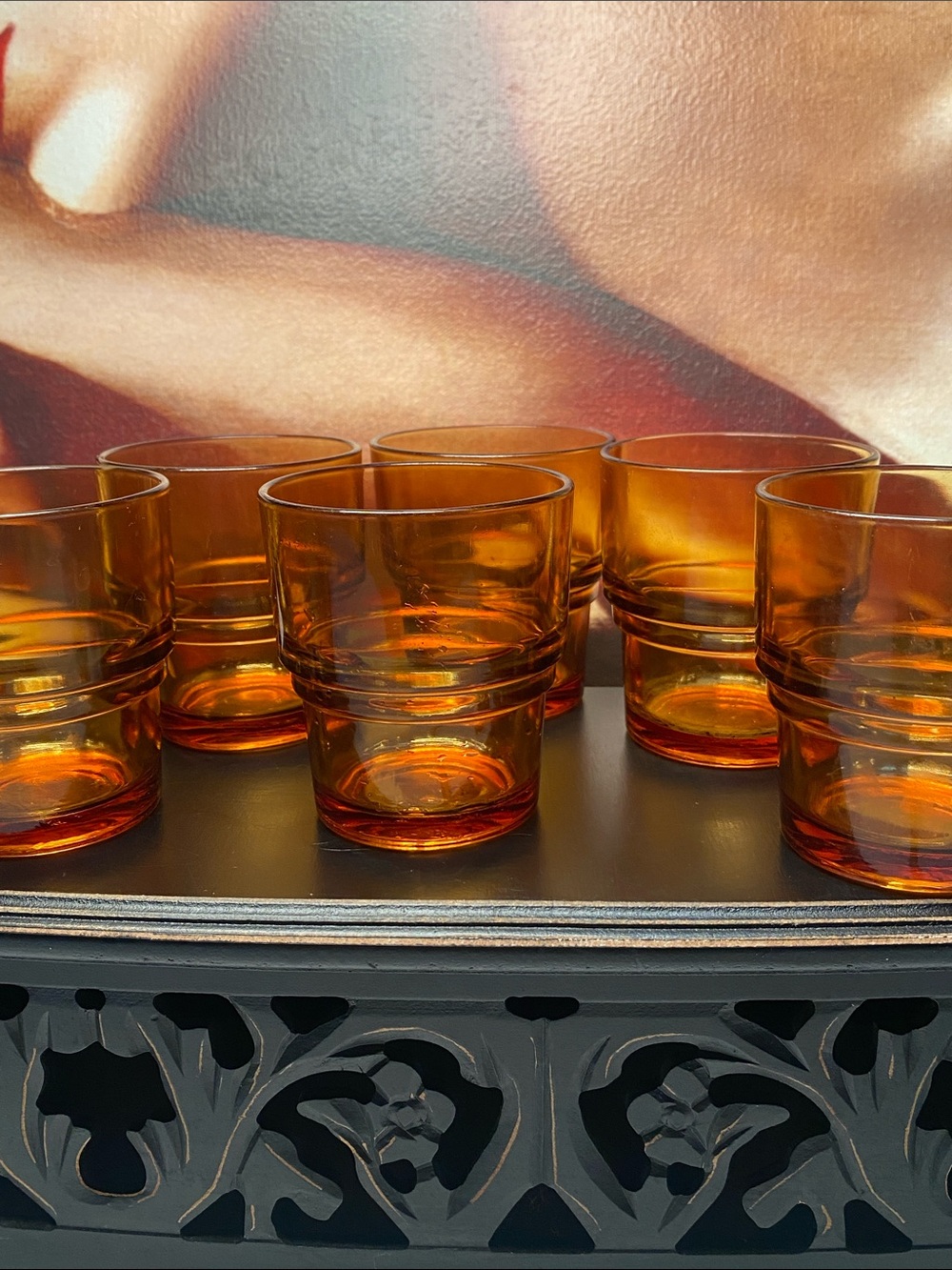 VINTAGE VERECO STACKING AMBER GLASSES FRANCE
